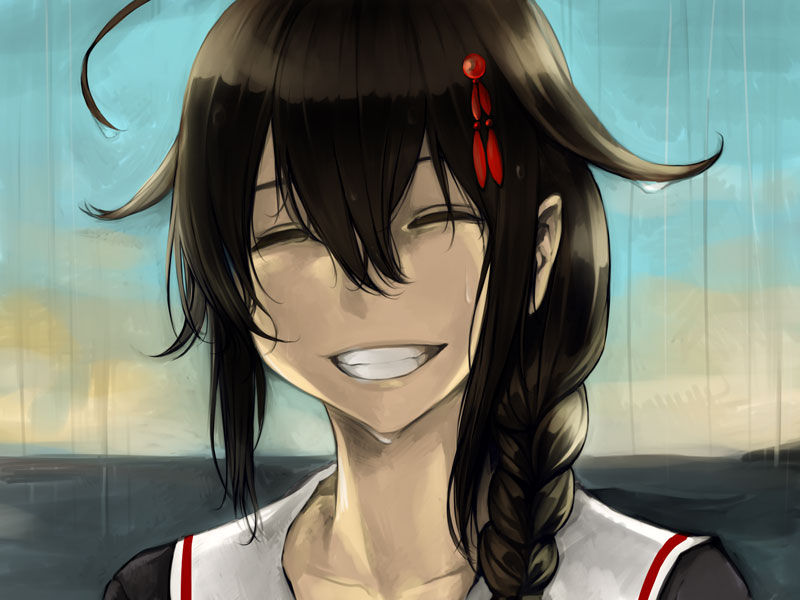 1girl, ahoge, bangs, black_hair, black_serafuku, braid, closed_eyes, collarbone_visible_through_hair