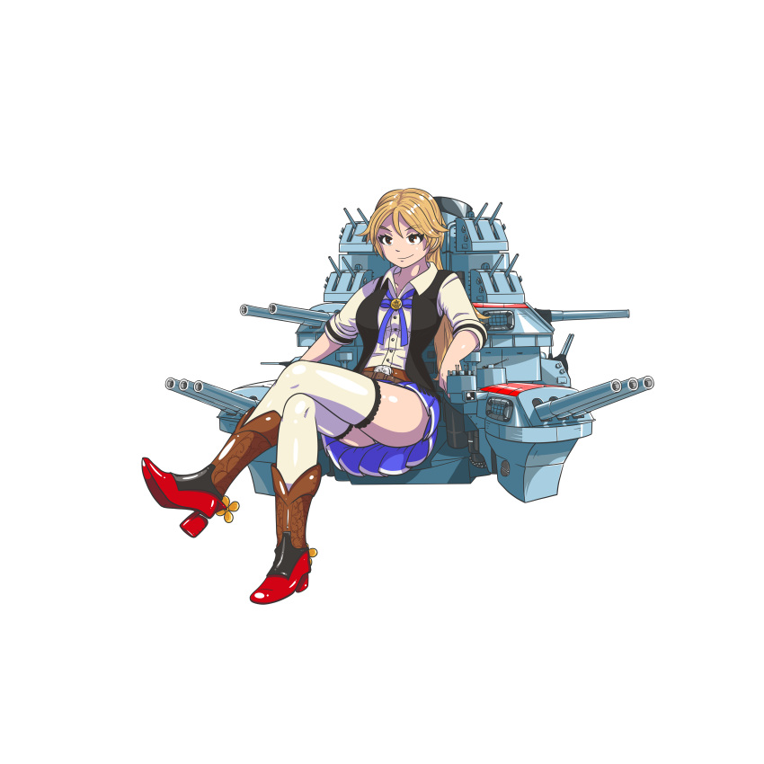 1girl, absurdres, belt, blonde_hair, boots, brown_hair, cowboy_boots, eyebrows_visible_through_hair