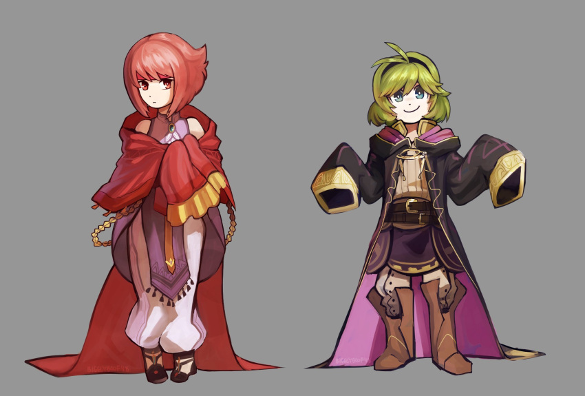 2girls, bare_shoulders, belt, bigglyboof, blue_eyes, boots, cape, closed_mouth, cosplay, fire_emblem, fire_emblem:_akatsuki_no_megami, fire_emblem:_kakusei, fire_emblem:_rekka_no_ken, fire_emblem_heroes, fire_emblem_if, green_hair, grey_background, hairband, headband, highres, hood, hood_down, multiple_girls, my_unit, my_unit_(cosplay), my_unit_(fire_emblem:_kakusei), nino_(fire_emblem), oversized_clothes, pink_hair, red_eyes, red_headband, robe, sakura_(fire_emblem_if), sanaki_kirsch_altina, sanaki_kirsch_altina_(cosplay), shawl, short_hair, simple_background, sleeves_past_fingers, sleeves_past_wrists, smile, standing