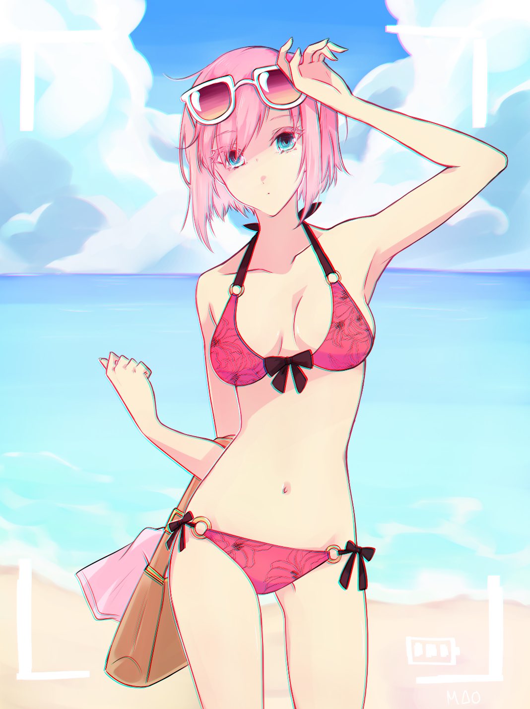 1girl, arm_up, bag, beach, bikini, black_ribbon, blue_eyes, blue_sky