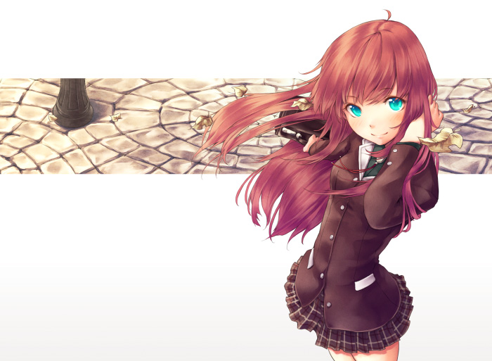 blue_eyes, face, leaf, leaves, long_hair, lulu_(shoutarou), original, red_hair