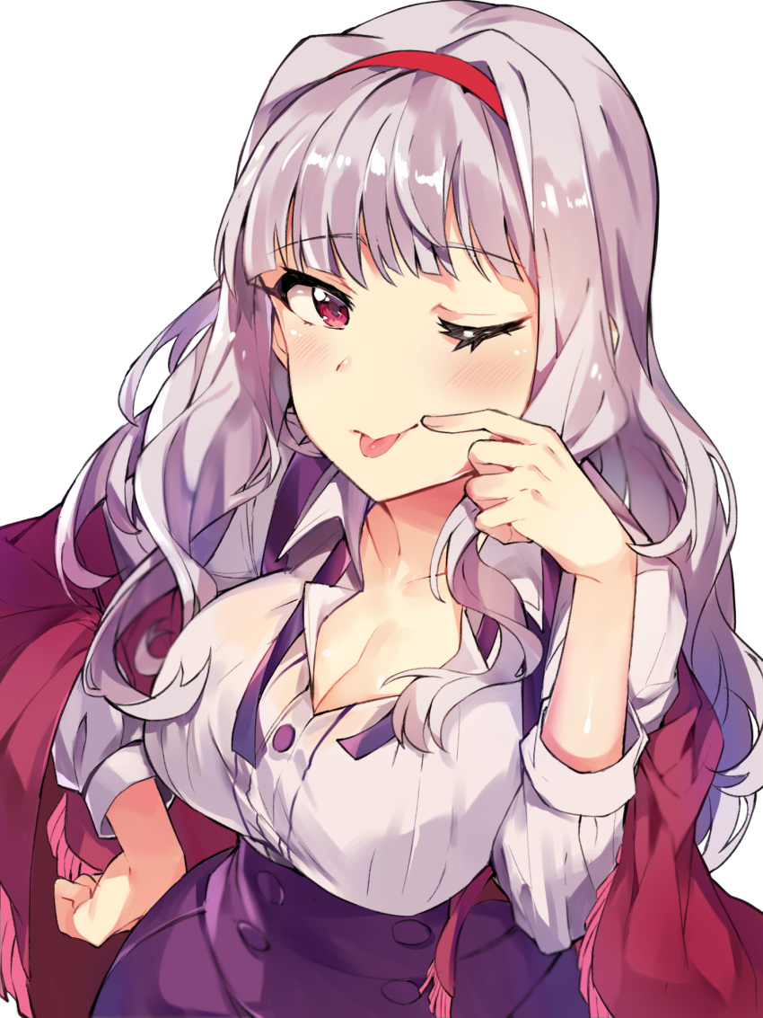 1girl, bangs, blunt_bangs, blush, breasts, buttons, cleavage, collarbone