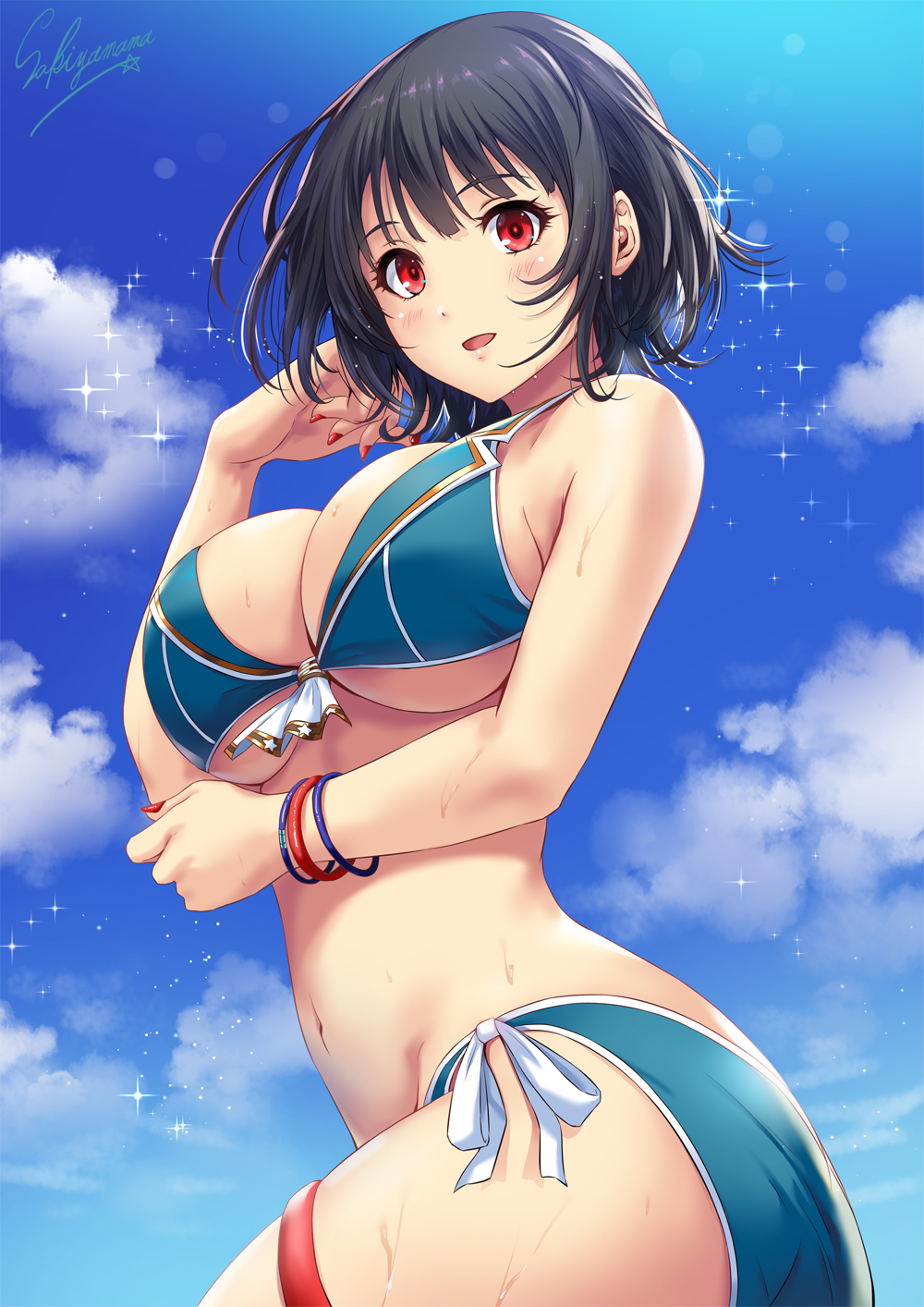 1girl, adapted_costume, arm_under_breasts, artist_name, ass, bangs, bikini, black_hair