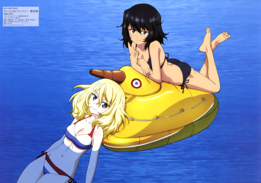 2girls, absurdres, andou_(girls_und_panzer), ass, bangs, bare_shoulders, bikini, black_bikini