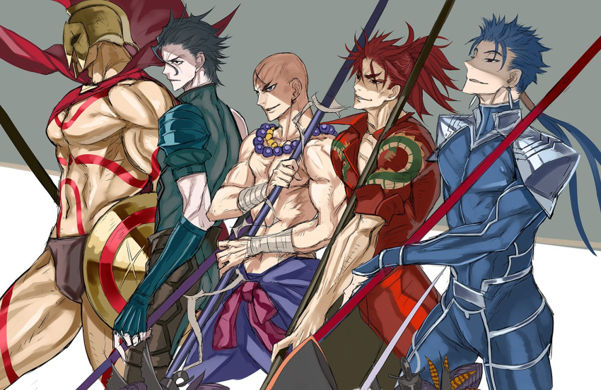 5boys, bald, beads, blue_hair, bodysuit, collared_shirt, commentary, commentary_request