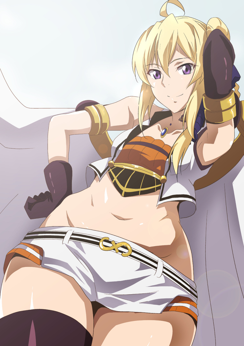 1girl, ahoge, arm_behind_head, armband, black_legwear, blonde_hair, gloves, grancrest_senki