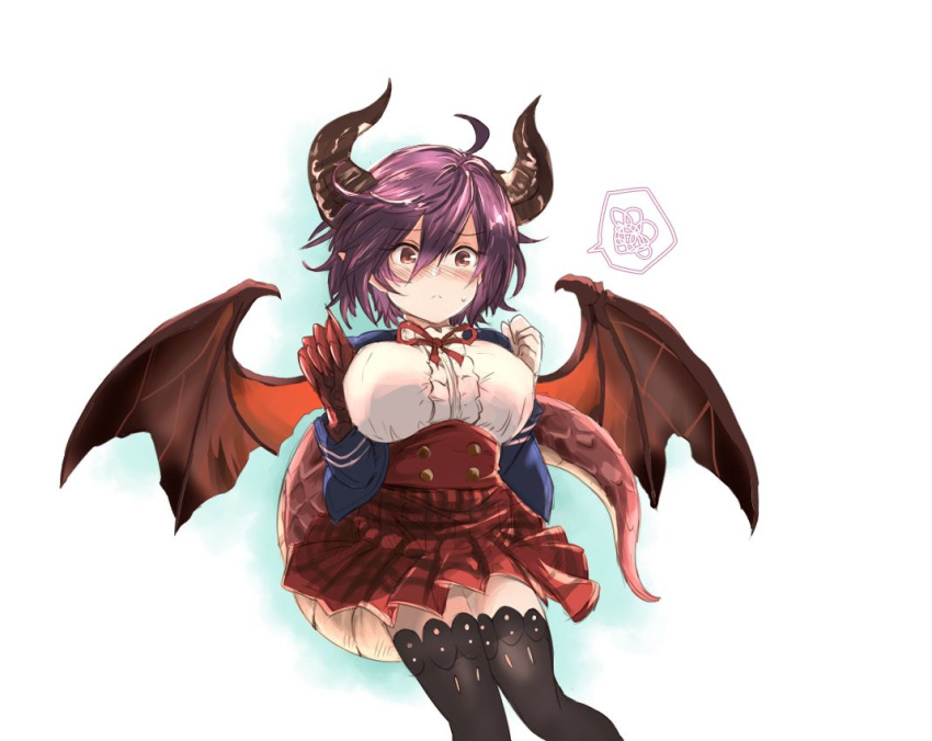 1girl, ahoge, black_legwear, blush, breasts, brown_eyes, claws, clenched_hand, dragon_horns, dragon_tail, dragon_wings, granblue_fantasy, grea_(shingeki_no_bahamut), hands_up, horns, koko_(hm142533), large_breasts, looking_at_viewer, pointy_ears, purple_hair, red_eyes, red_skirt, short_hair, simple_background, skirt, solo, standing, sweatdrop, tail, wings
