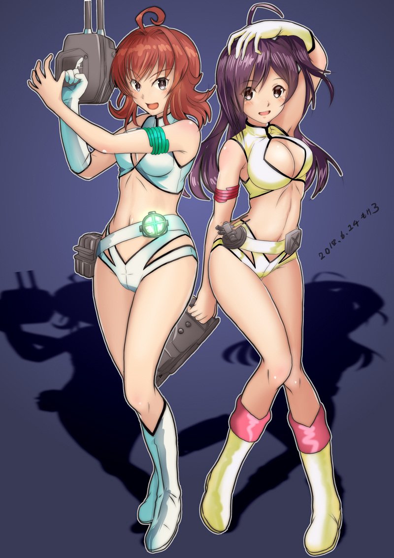 2girls, ahoge, arashi_(kantai_collection), breasts, cannon, cleavage, cleavage_cutout, cosplay