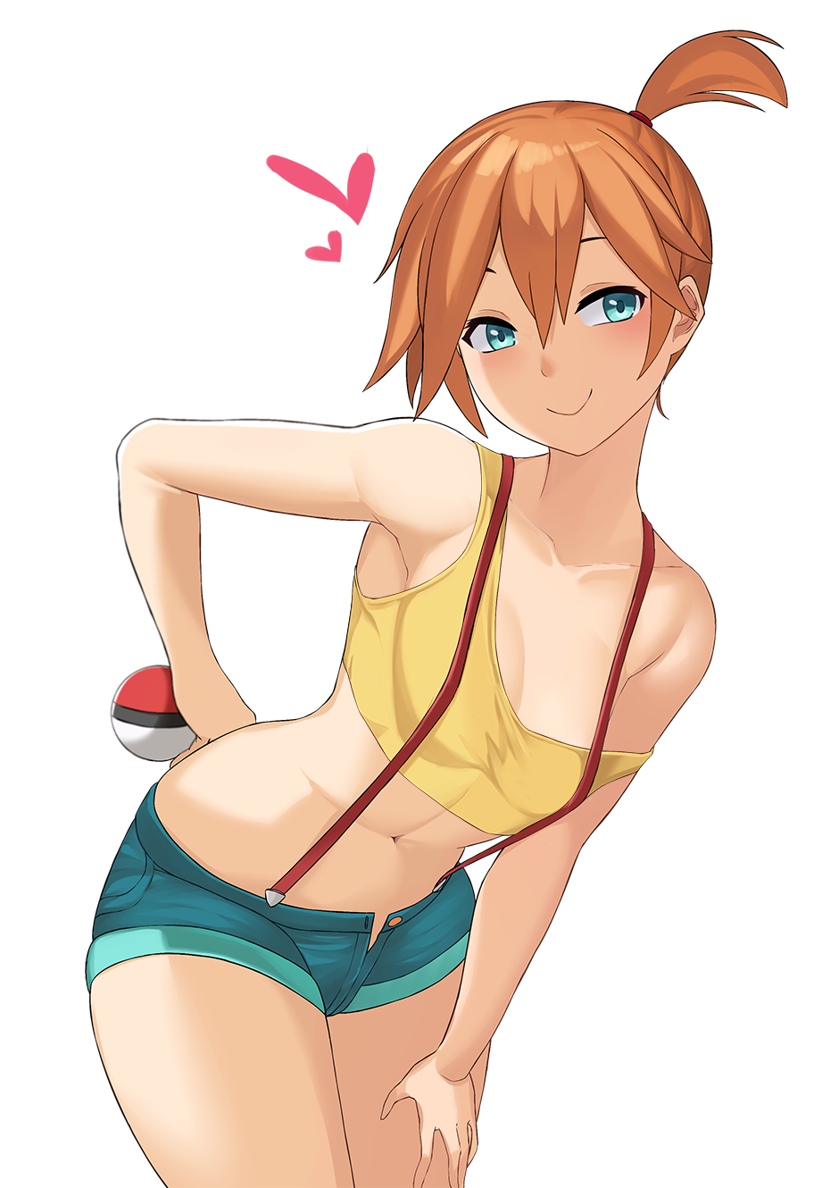 1girl, aori_sora, bare_shoulders, blue_eyes, blue_shorts, blush, breasts, collarbone, cowboy_shot, denim, denim_shorts, hair_between_eyes, hand_on_hip, hand_on_own_thigh, heart, highres, holding, holding_poke_ball, kasumi_(pokemon), leaning_forward, looking_at_viewer, medium_breasts, midriff, navel, open_clothes, open_shorts, orange_hair, poke_ball, pokemon, shirt, short_hair, short_ponytail, short_shorts, shorts, side_ponytail, simple_background, smile, solo, suspenders, tank_top, white_background, yellow_shirt
