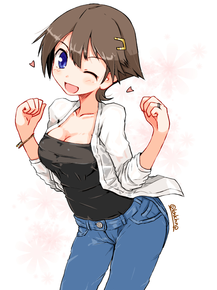 1girl, black_top, blue_eyes, brown_hair, cowboy_shot, denim, flipped_hair, hair_ornament