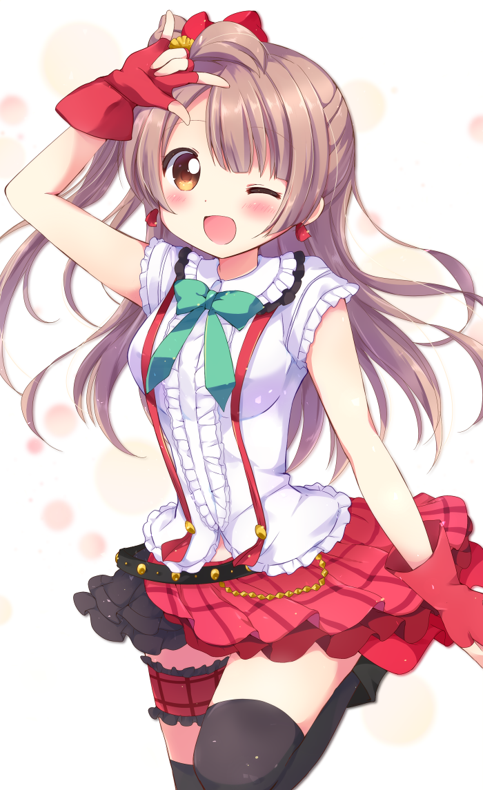 1girl, ;d, \m/, bangs, black_legwear, black_skirt, blush, bokura_wa_ima_no_naka_de