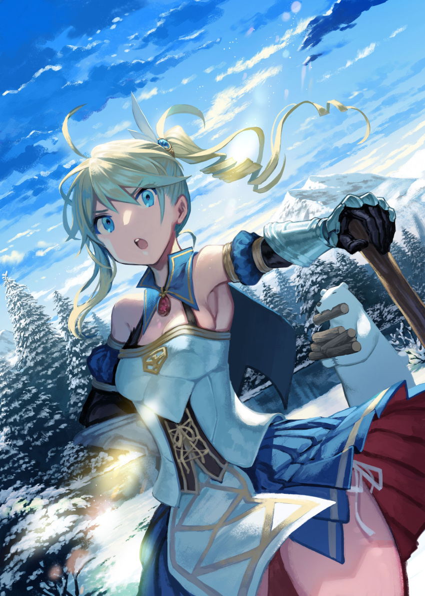 :o, ahoge, armpits, bear, black_gloves, blue_capelet, blue_eyes, blue_skirt