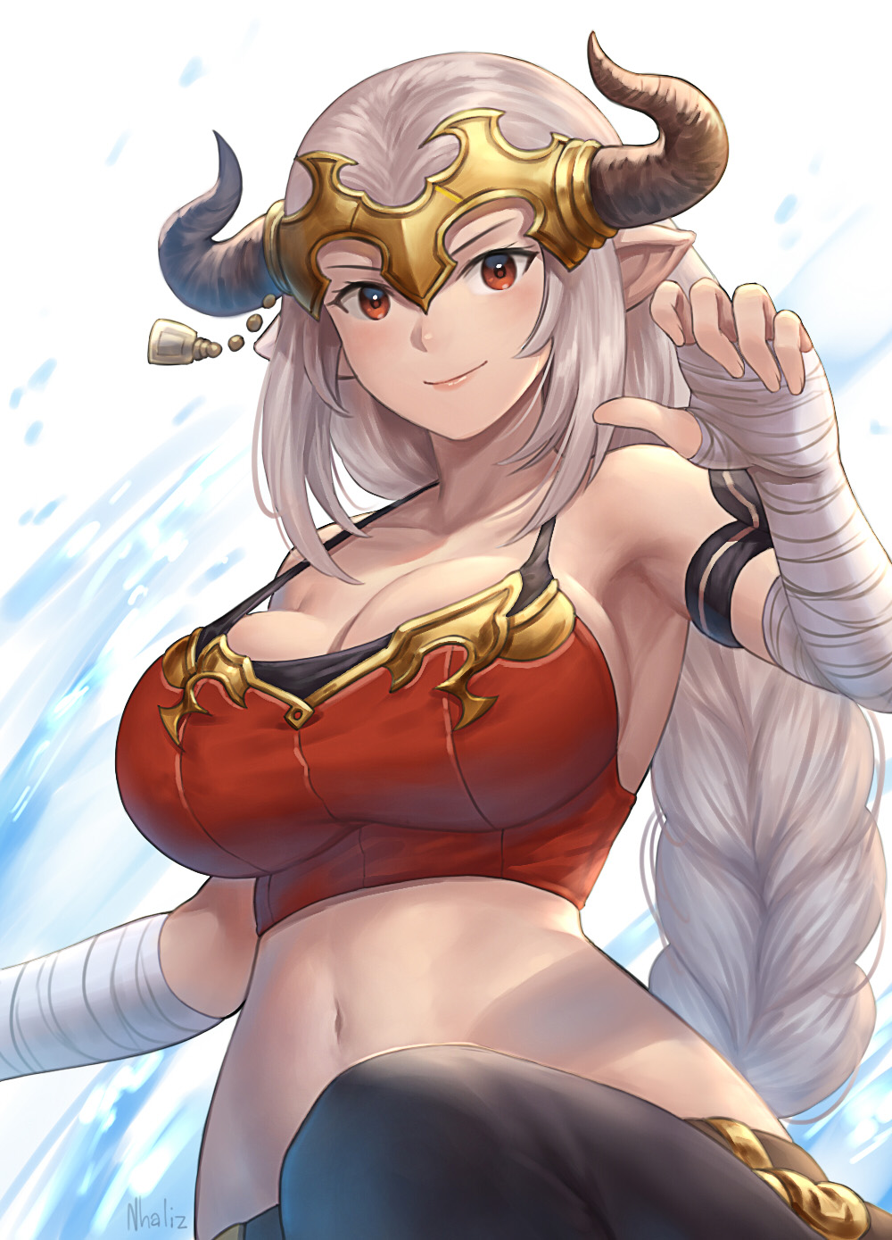 1girl, aliza_(granblue_fantasy), arm_ribbon, armpits, bandage, bandaged_arm, bandaged_hands, bare_shoulders