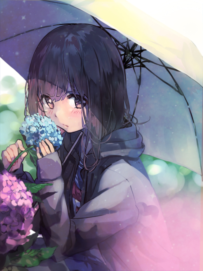 1girl, bangs, black_hair, blue_flower, blurry, blush, borrowed_character, day