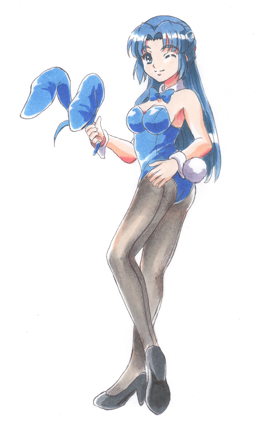 asakura_ryouko, blue_eyes, blue_hair, bunny_ears, bunnysuit, fujita_(speedlimit), high_heels, highres, huzita, long_hair, pantyhose, rabbit_ears, shoes, suzumiya_haruhi_no_yuuutsu, wink