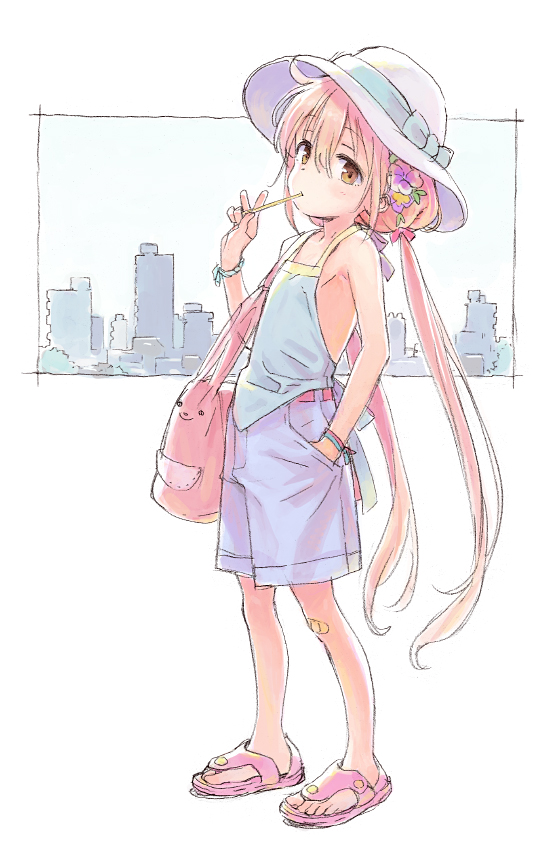 1girl, bag, bandaid, bandaid_on_knee, bare_shoulders, blonde_hair, bracelet, brown_eyes
