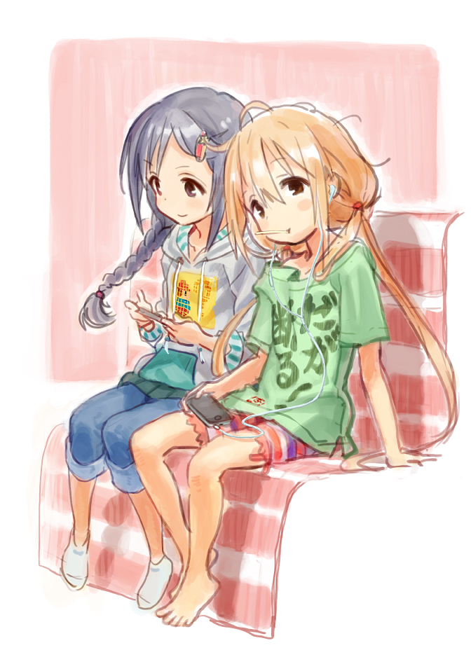 2girls, barefoot, bike_shorts, black_hair, blonde_hair, blush_stickers, braid, brown_eyes