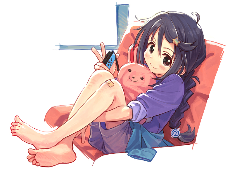 1girl, bandaid, bandaid_on_knee, bare_legs, barefoot, black_hair, blush, braid