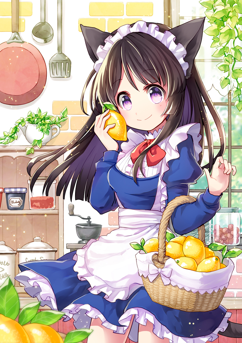 1girl, animal_ears, apron, bangs, basket, black_hair, blue_dress, bow
