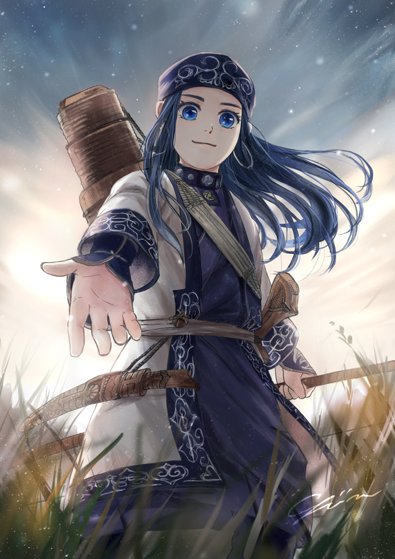 1girl, ainu, ainu_clothes, asirpa, bandanna, black_hair, blue_eyes, bow_(weapon)