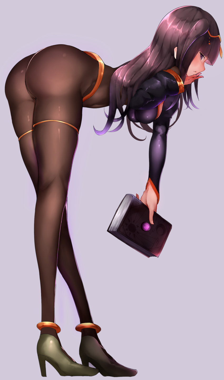 1girl, absurdres, ass, bent_over, black_hair, bodysuit, book, boruhis