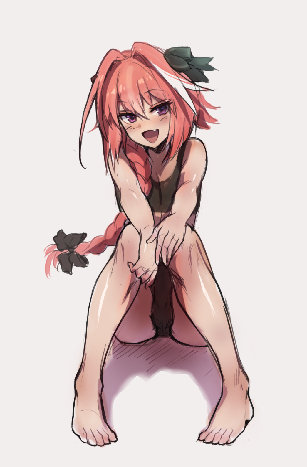 1boy, :d, astolfo_(fate), bangs, bare_arms, bare_legs, bare_shoulders, barefoot