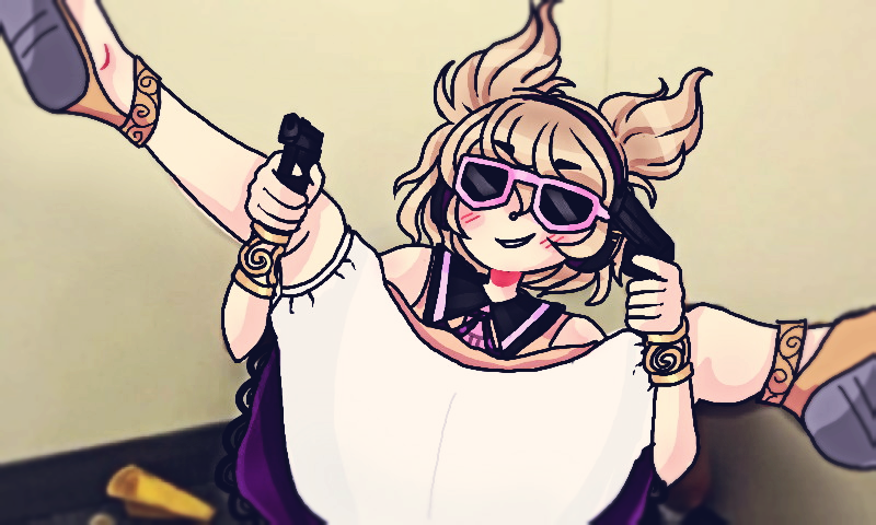 1girl, bloomers, blush, dual_wielding, filthy_frank, gun, handgun, holding