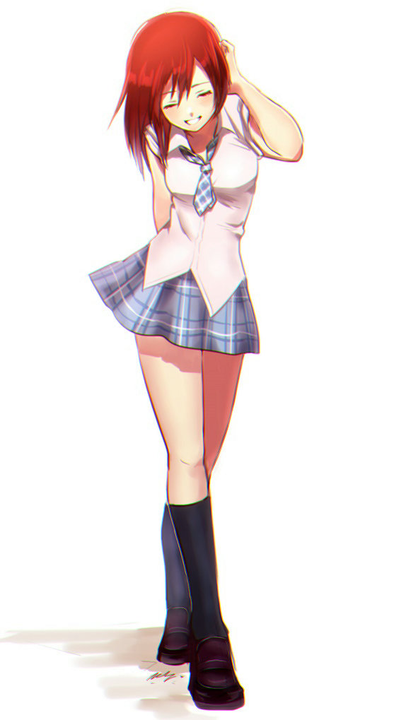 1girl, arm_behind_back, bangs, bare_arms, black_footwear, black_legwear, blue_neckwear, blue_skirt