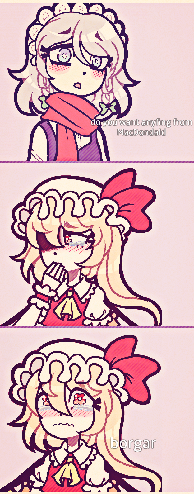 2girls, blonde_hair, comic, english, flandre_scarlet, heart, heart-shaped_pupils, highres, izayoi_sakuya, maid, maid_headdress, multiple_girls, scarf, shaded_face, symbol-shaped_pupils, tears, thepiratedoge, touhou, white_hair