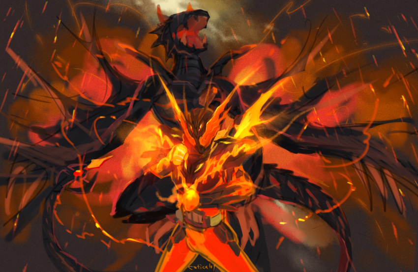 1boy, armor, belt, dragon, fighting_stance, fire, glowing, highres