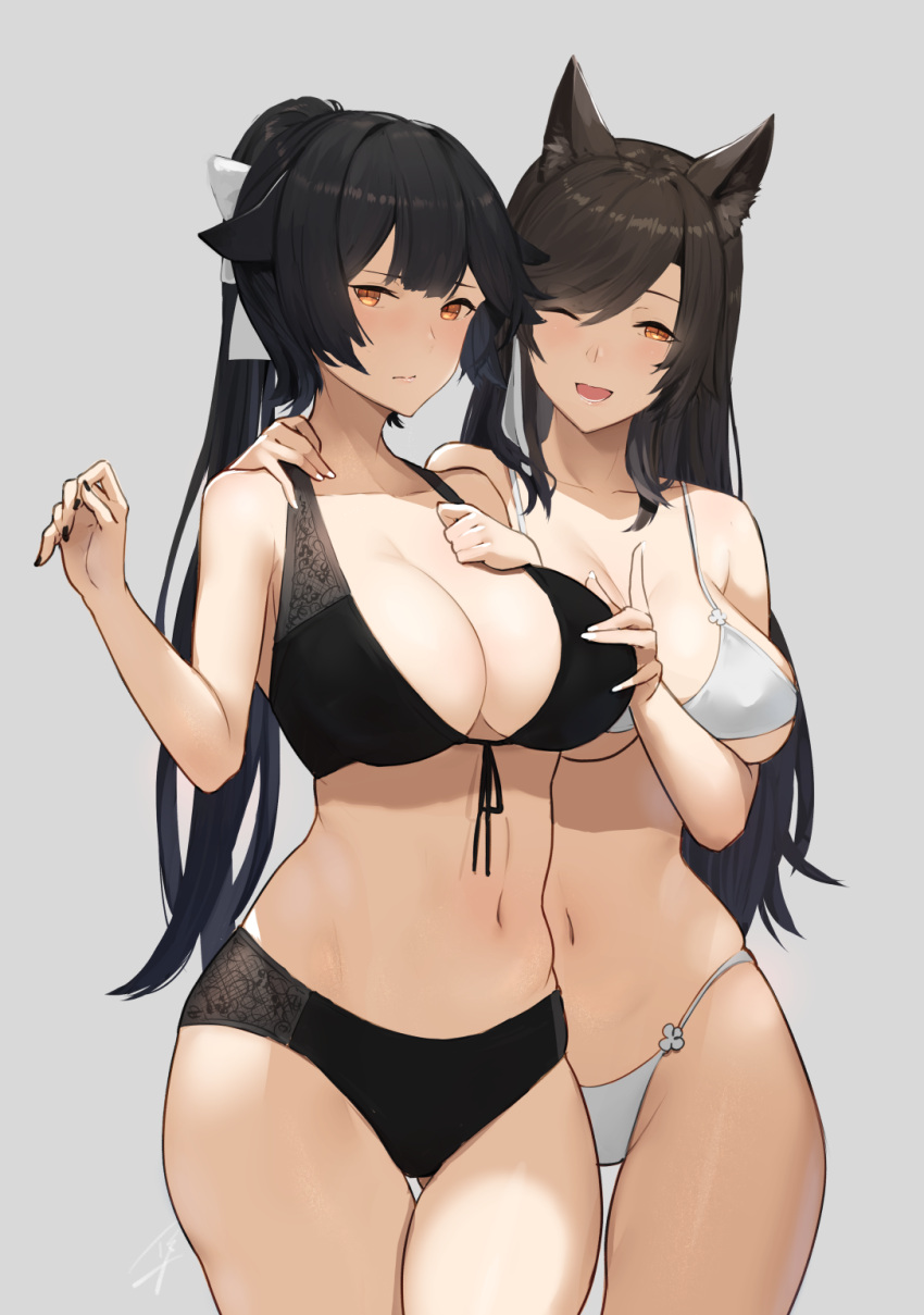 2girls, ;d, animal_ears, atago_(azur_lane), azur_lane, bangs, bikini, black_bikini