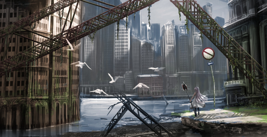 1girl, axe, battle_axe, bird, building, city, dress, from_behind