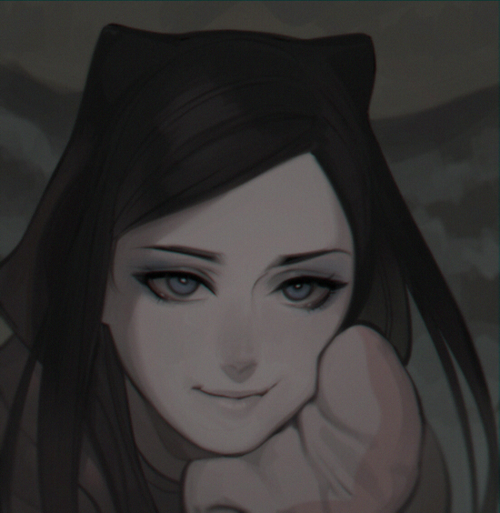 1girl, aconitea, black_hair, blue_eyes, chin_rest, ergo_proxy, eyeshadow, face