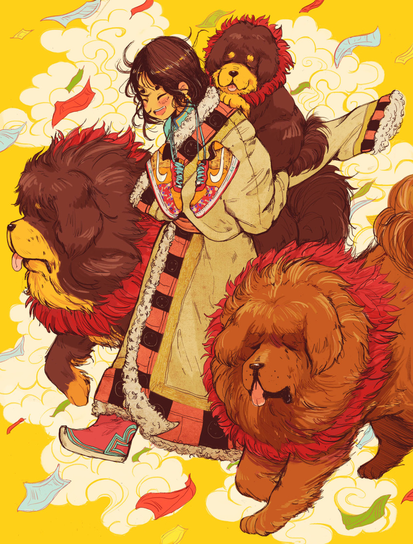 1girl, animal, blush, brown_hair, carrying, chinese_zodiac, closed_eyes, crisalys, dog, fur_trim, highres, long_hair, new_year, nike, open_mouth, original, piggyback, shoes, shoes_removed, smile, smoke, sneakers, solo, tibetan_mastiff, tongue, walking, year_of_the_dog, yellow_background