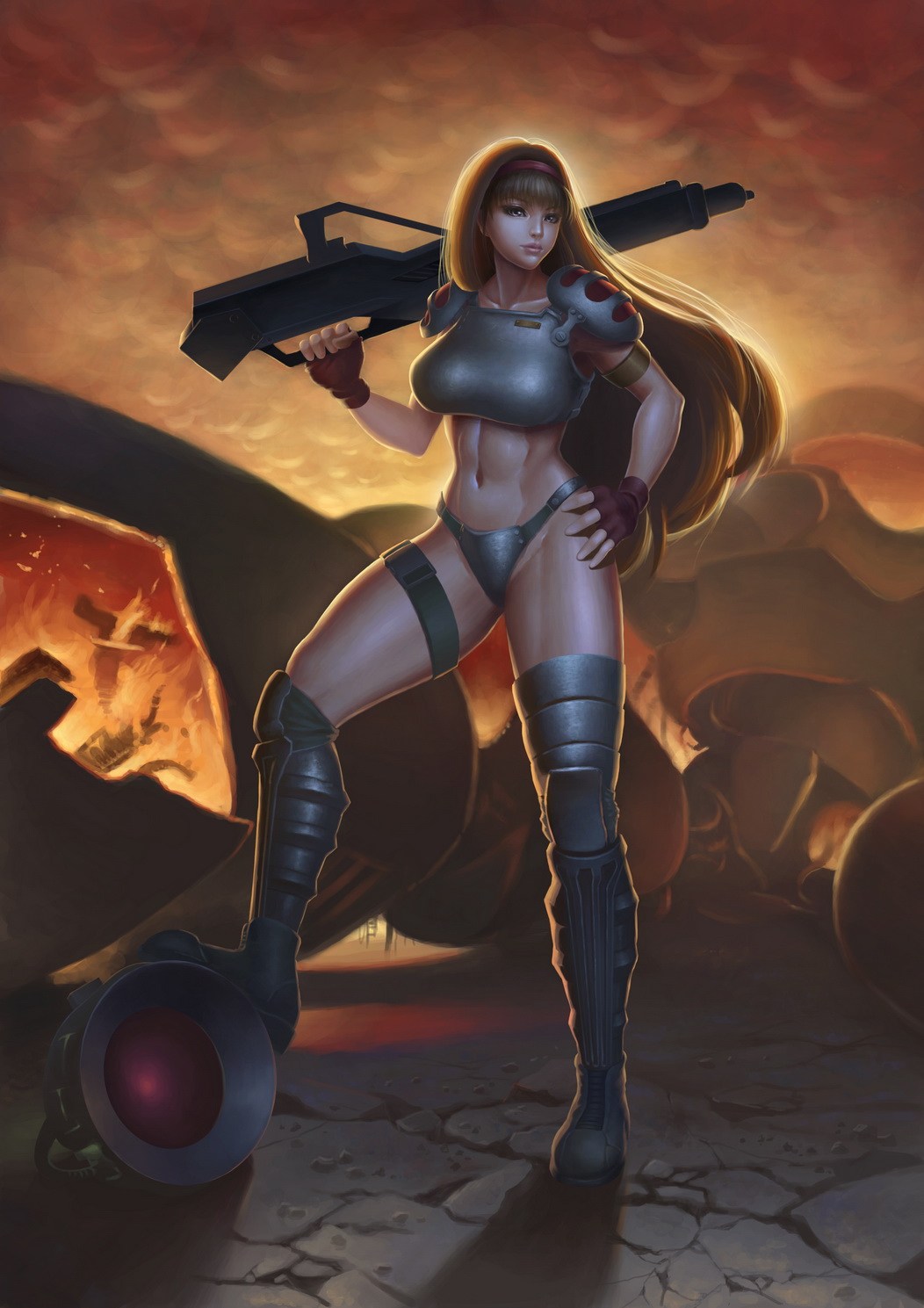 1girl, abs, artist_request, assault_rifle, beam_rifle, body_armor, boots, contra, contra_hard_corps, destroyed, energy_gun, fingerless_gloves, fire, gloves, gun, highres, lips, long_hair, mecha, midriff, realistic, rifle, robot, science_fiction, sheena_etranzi, smoke, thigh-highs, toned, victory, weapon, wreckage, zettai_ryouiki
