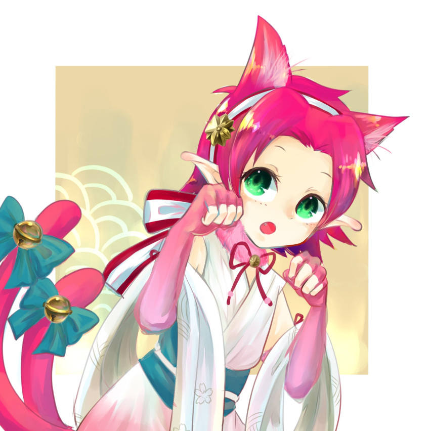 1girl, animal_ears, bell, blue_bow, bow, cat_ears, cat_tail, cosplay