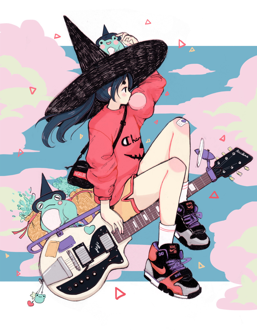 1girl, blue_hair, blush, bubble_blowing, chewing_gum, clouds, crisalys, electric_guitar, fan, frog, guitar, hat, heart, highres, instrument, long_hair, long_sleeves, looking_to_the_side, nike, original, ponytail, puffy_sleeves, red_shirt, riding, shirt, shoelaces, shoes, shorts, sidelocks, sitting, sneakers, solo, star, triangle, witch, witch_hat