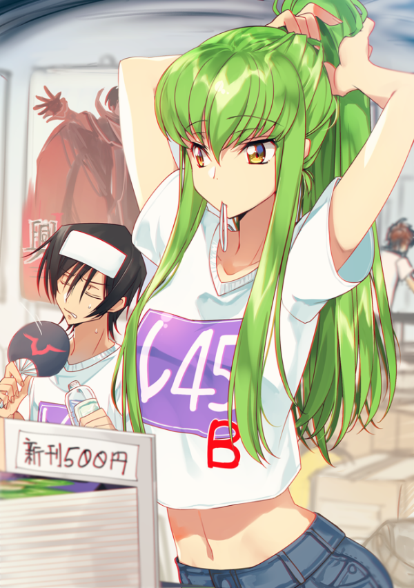 1girl, 2boys, adjusting_hair, arms_up, bangs, black_hair, bottle, c.c., closed_eyes, code_geass, collarbone, commentary_request, convention, creayus, eyebrows_visible_through_hair, fan, fanning, from_behind, green_hair, hair_between_eyes, hand_in_hair, holding, holding_bottle, indoors, kururugi_suzaku, lelouch_lamperouge, long_hair, mouth_hold, multiple_boys, navel, novel_(object), parted_lips, ponytail, shirt, short_hair, short_sleeves, sidelocks, sitting, standing, sweatdrop, tying_hair, upper_body, white_shirt, yellow_eyes
