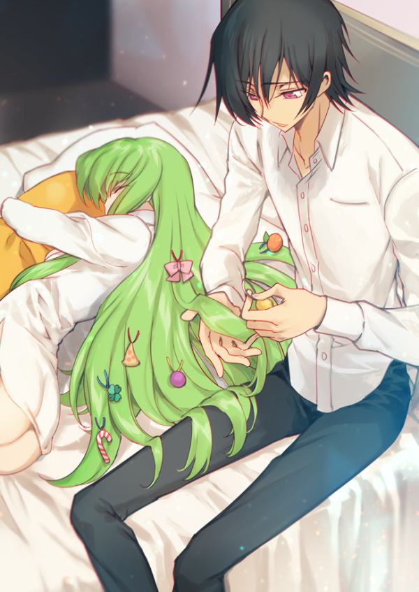 1boy, 1girl, arched_back, ass, bangs, bed_sheet, black_hair, bottomless