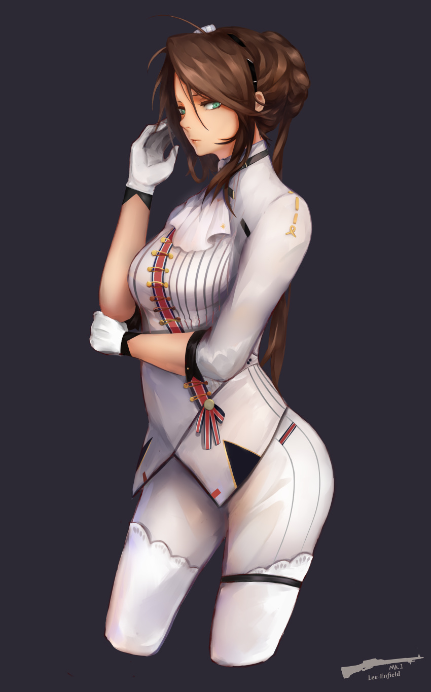 1girl, absurdres, ahoge, arm_across_waist, ascot, bangs, braid, breasts