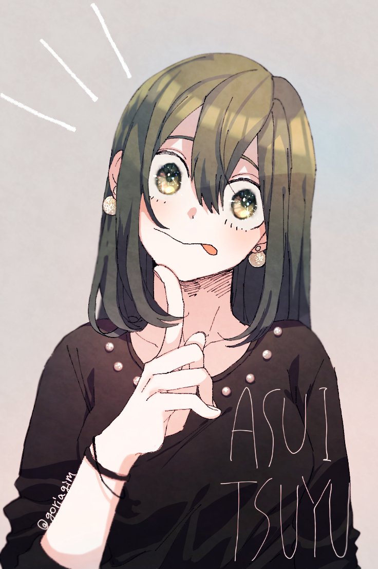 1girl, :>, asui_tsuyu, black_eyes, boku_no_hero_academia, frog_girl, gim_(gim-gim-3919), hair_rings, long_hair, long_tongue, looking_at_viewer, low-tied_long_hair, simple_background, smile, solo, tongue