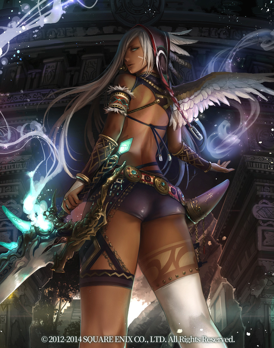 1girl, arch, ass, dark_skin, glowing, glowing_weapon, guardian_cross, hair_over_one_eye