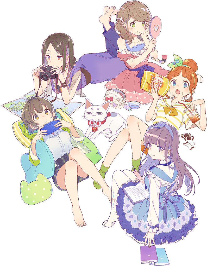 5girls, arai_minamo, artist_request, bag, bare_shoulders, barefoot, belt, black_hair