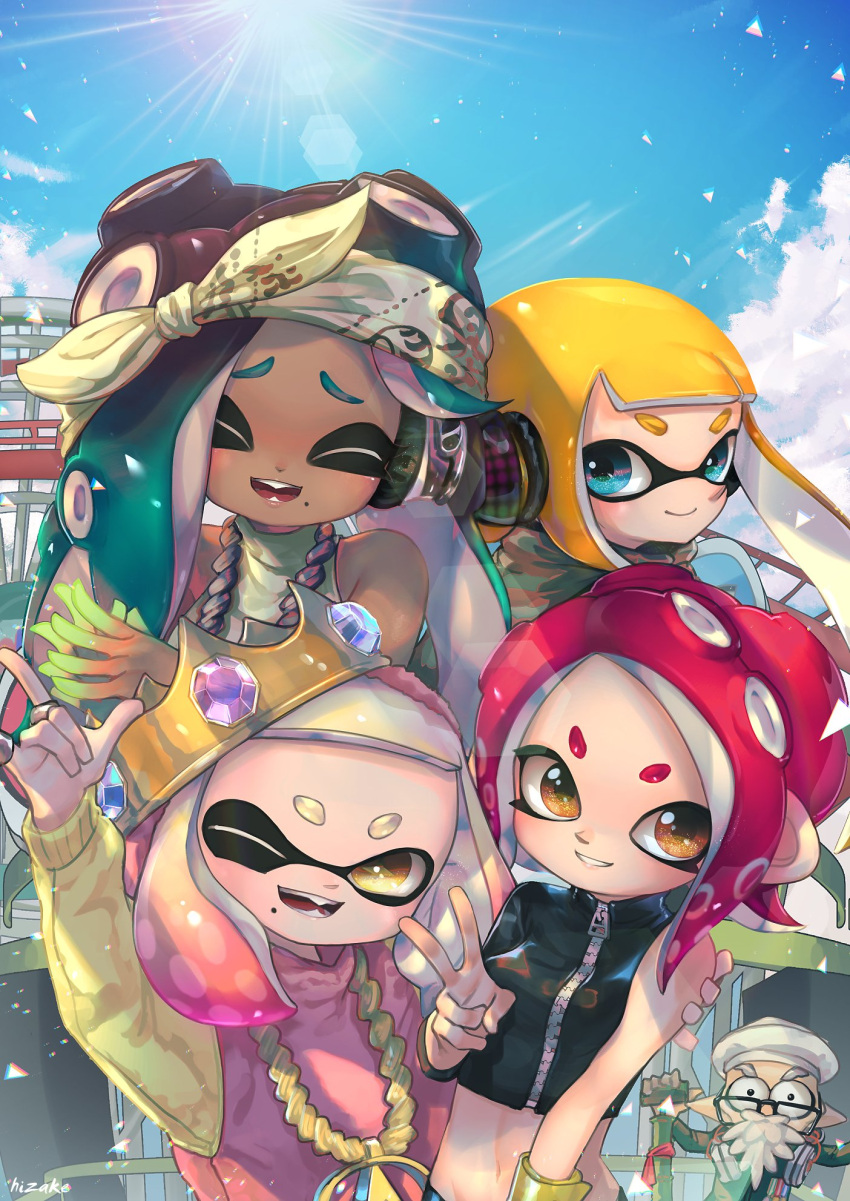 +_+, 1boy, 4girls, ;d, \m/, ^_^, agent_8, bandanna