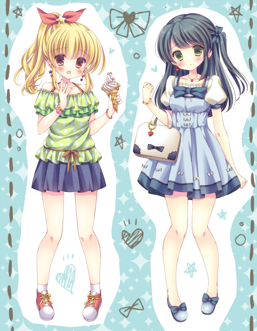 2girls, :d, arm_at_side, bag, bangs, black_hair, blue, blue_bow