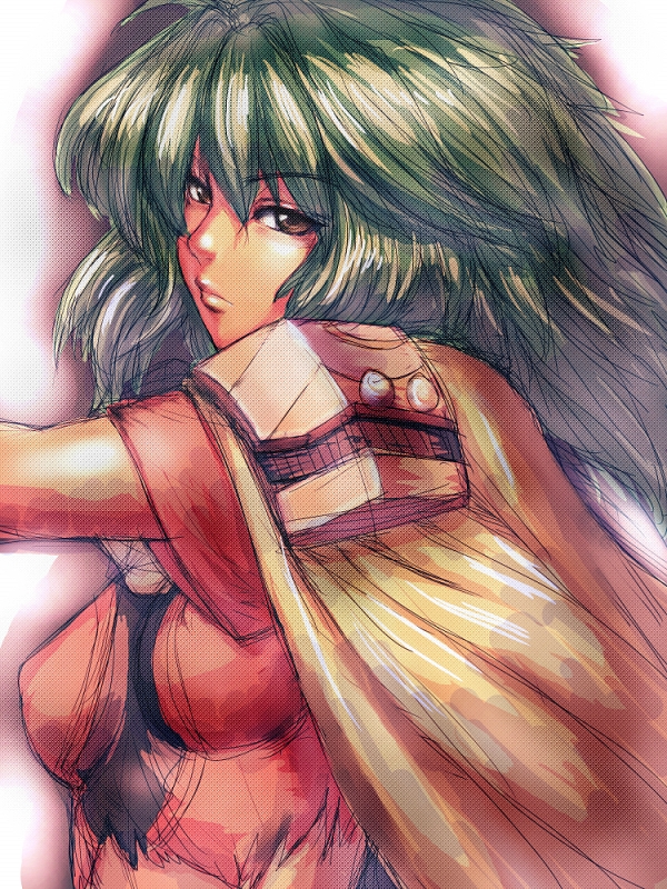 emeralda_kasim, green_hair, humio, long_hair, pink_eyes, solo, xenogears