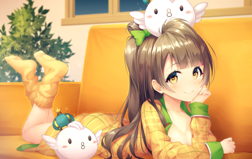 1girl, bangs, bow, breasts, brown_hair, chin_rest, cleavage, couch