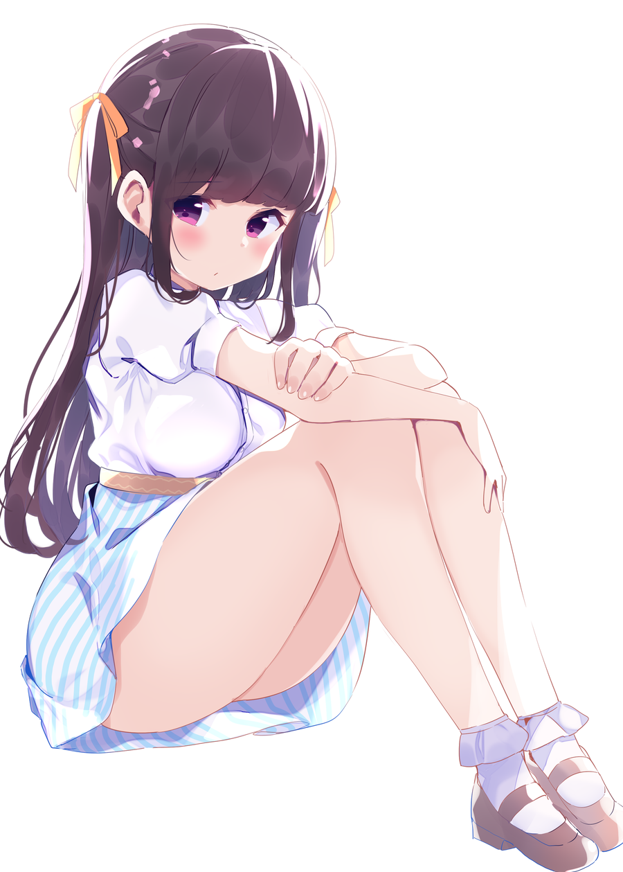 1girl, arms_on_knees, bangs, bare_legs, black_hair, blunt_bangs, blush, breasts