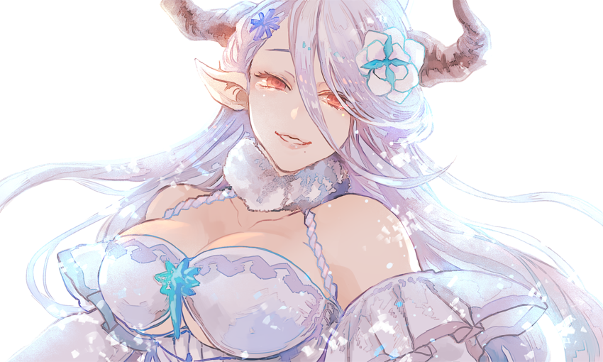 1girl, breasts, detached_sleeves, draph, flower, fur_collar, granblue_fantasy, hair_flower, hair_ornament, horns, izmir, kogitetuosero, large_breasts, mole, mole_under_mouth, pointy_ears, red_eyes, smile, tears, under_boob, white_background, white_hair
