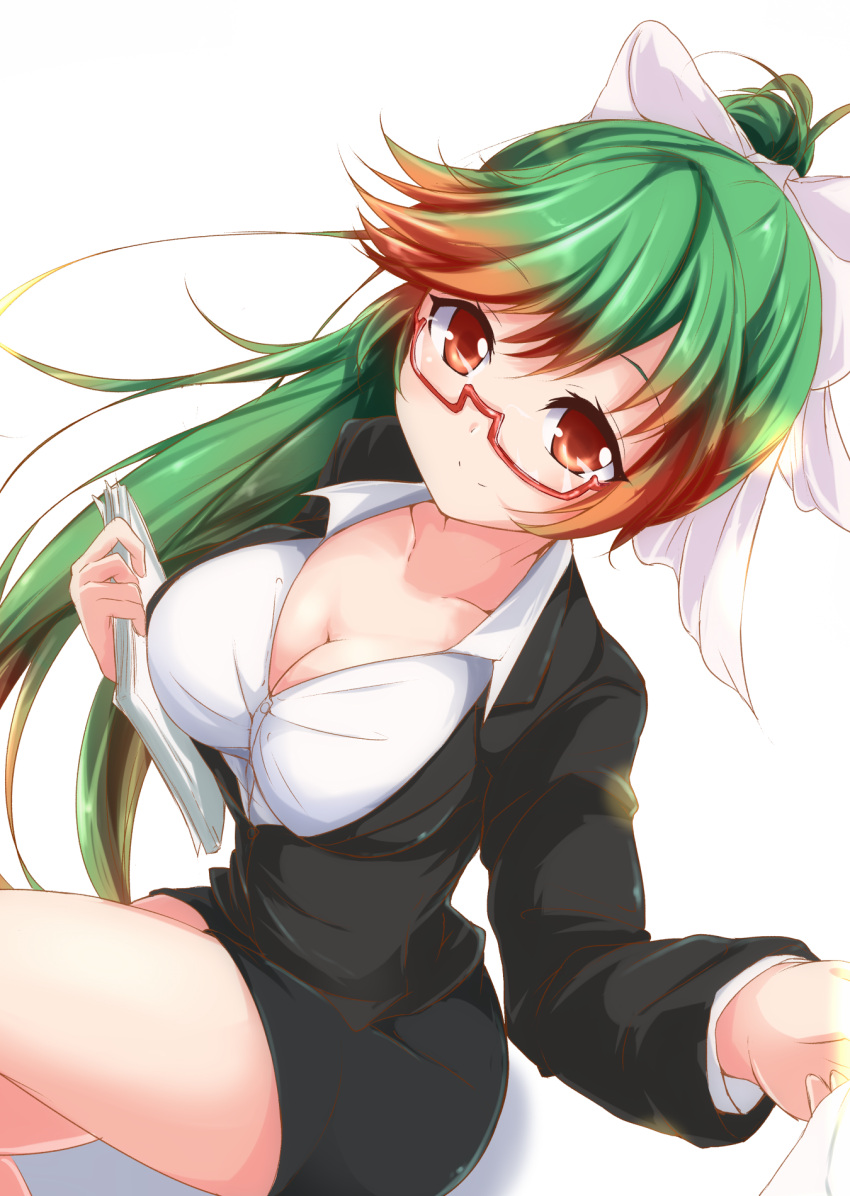 1girl, bangs, black_jacket, bow, breasts, brown_hair, buttons, cleavage